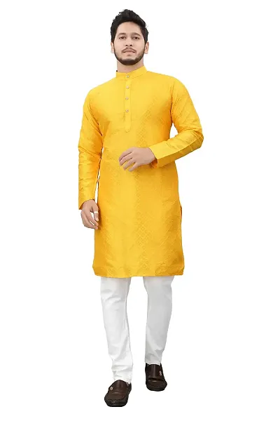 Falu Enterprise Men's Jacquard Silk Long Kurta (Yellow)