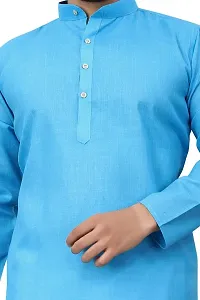 Cotton Blend Regular Fit Straight Full Sleeve Solid Plain Weaved Knee Length Kurta for Men (Sky Blue)-thumb4