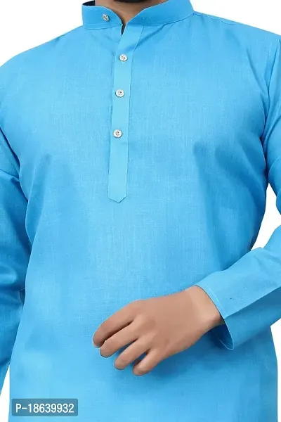 Cotton Blend Regular Fit Straight Full Sleeve Solid Plain Weaved Knee Length Kurta for Men (Sky Blue)-thumb5