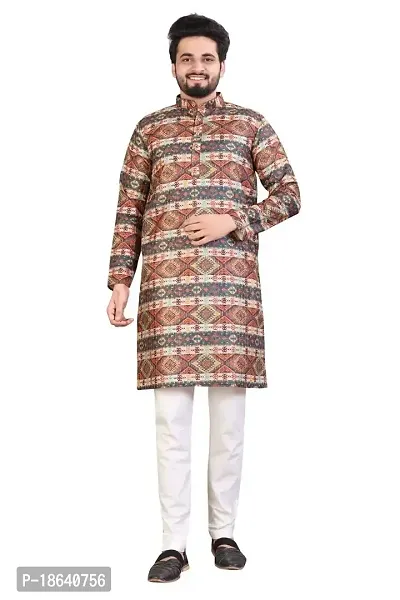 Kurta for Men Cotton Blend Long Abstract Printed Straight Fit (Multicolor)