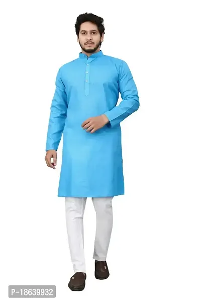 Cotton Blend Regular Fit Straight Full Sleeve Solid Plain Weaved Knee Length Kurta for Men (Sky Blue)-thumb0