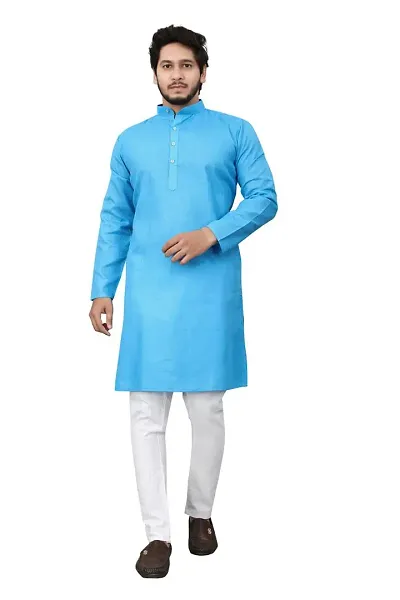 Blend Regular Fit Straight Full Sleeve Solid Plain Weaved Knee Length Kurta for Men (Sky Blue)