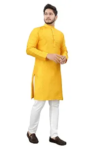 Falu Enterprise Men's Jacquard Silk Long Kurta (Yellow)-thumb1