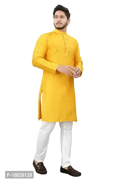 Falu Enterprise Men's Jacquard Silk Long Kurta (Yellow)-thumb2