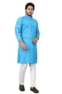 Cotton Blend Regular Fit Straight Full Sleeve Solid Plain Weaved Knee Length Kurta for Men (Sky Blue)-thumb1