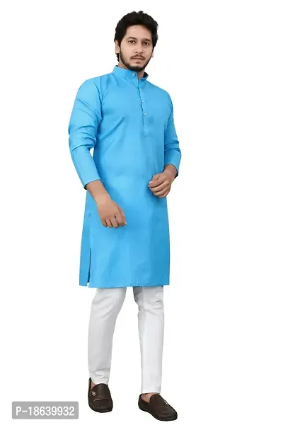 Cotton Blend Regular Fit Straight Full Sleeve Solid Plain Weaved Knee Length Kurta for Men (Sky Blue)-thumb2