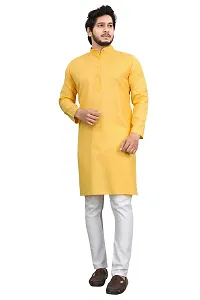 Falu Enterprise Men's Jacquard Silk Long Kurta (Yellow)-thumb3