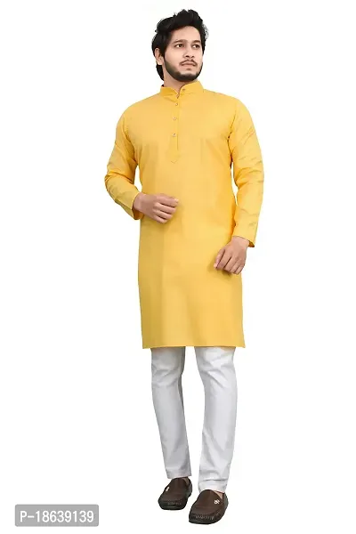 Falu Enterprise Men's Jacquard Silk Long Kurta (Yellow)-thumb4