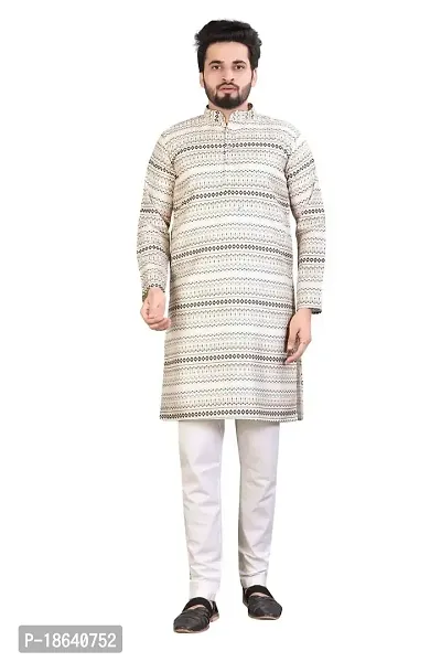 Kurta for Men Cotton Blend Long Abstract Printed Straight Fit (Off White)