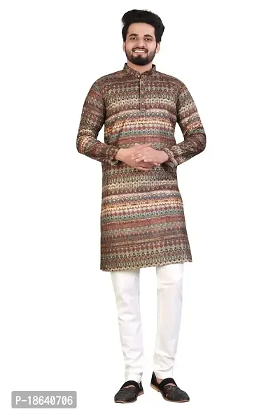 Kurta for Men Cotton Blend Long Abstract Printed Straight Fit (Brown)