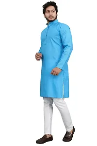 Cotton Blend Regular Fit Straight Full Sleeve Solid Plain Weaved Knee Length Kurta for Men (Sky Blue)-thumb2