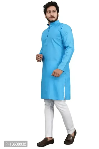 Cotton Blend Regular Fit Straight Full Sleeve Solid Plain Weaved Knee Length Kurta for Men (Sky Blue)-thumb3