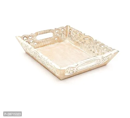 DESIGNER LIBRARY- ANDAL Handmade Decorative  Serving Carved Tray Made by Mango Wood  MDF with White wash Finish (Small Size-12 X 10 X 3 INCHES) (Pack of 1)