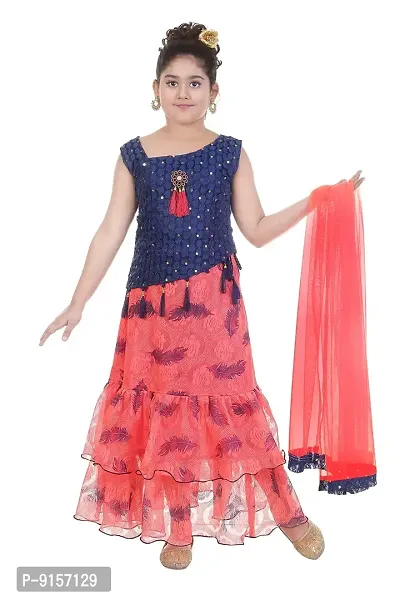 YAYAVAR Girl's Satin  Net Readymade Lehenga Choli with Dupatta