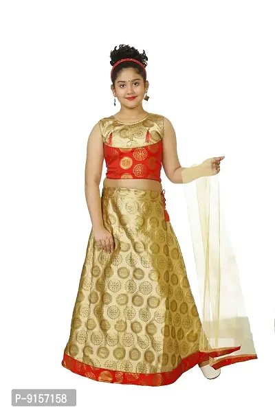 YAYAVAR Girl's Printed Art Silk Full Stitched Ethnic Lehenga Choli and Dupatta Set-thumb3