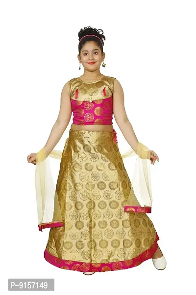 YAYAVAR Girl's Printed Art Silk Full Stitched Ethnic Lehenga Choli and Dupatta Set-thumb0