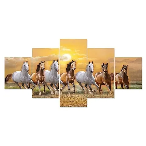 Chauhan Entreprises Set of Five Seven Running Horses Vastu Framed Wall Painting Scenery for Wall Decoration (75 X 43 CM) H6(Multicolor)