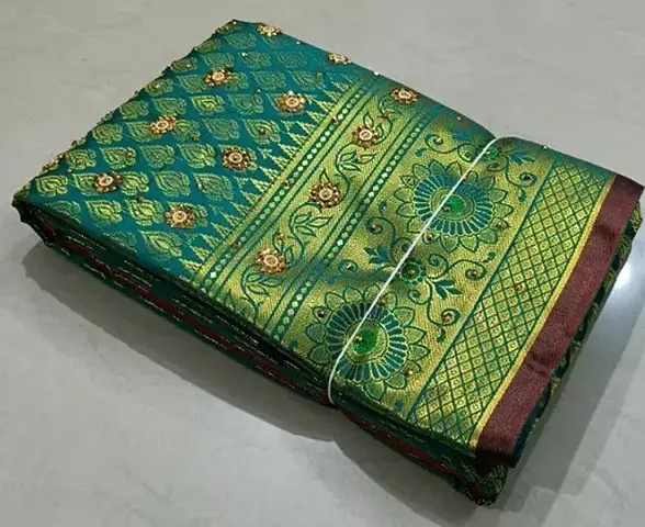 Kanjeevaram Brocade Silk Zari Woven Pattu Stone Work Sarees with Blouse Piece