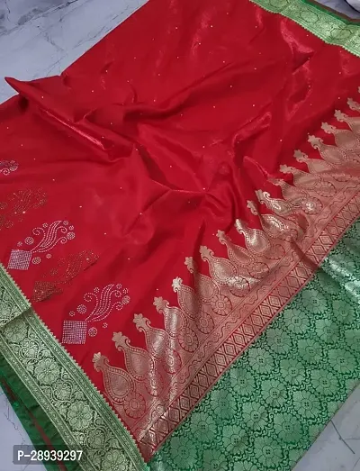 Trendy Banarasi Satin Silk Sarees With Swarovski Stone Work