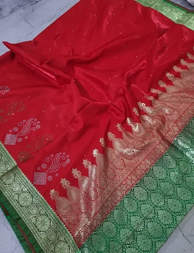 Trendy Banarasi Satin Silk Sarees With Swarovski Stone Work