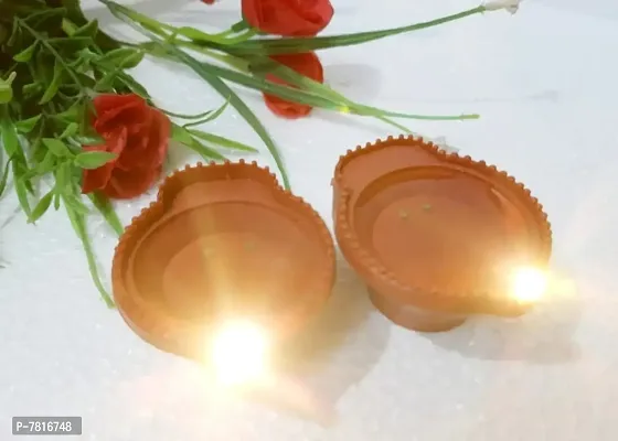 Battery Operated Flameless Indian Diya Deepak LED Light (Brown) with Hand Shape LED- 2 Pieces-thumb0