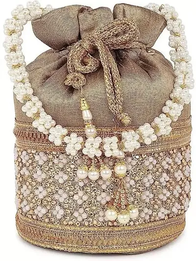 SWASTIKA Raw Silk Golden Stone Work Wedding Traditional Indian Wristlet Embroidered Potli Handbag for Women