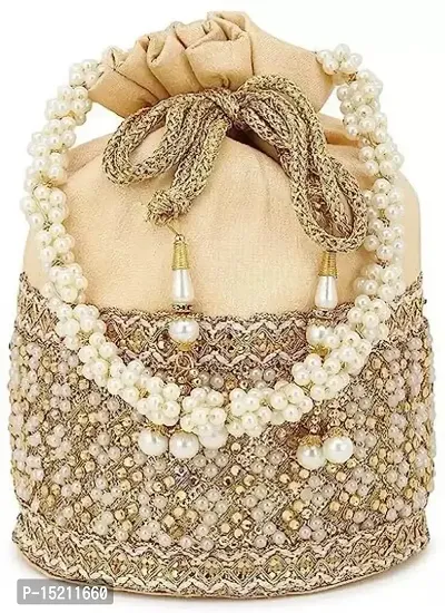SWASTIKA Raw Silk Golden Stone Work Wedding Traditional Indian Wristlet Embroidered Potli Handbag for Women-thumb0