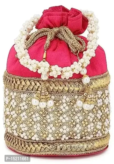Raw Silk Pink Stone Work Wedding Traditional Indian Wristlet Embroidered Potli Handbag for Women