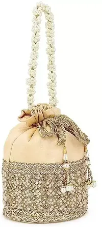 SWASTIKA Raw Silk Golden Stone Work Wedding Traditional Indian Wristlet Embroidered Potli Handbag for Women-thumb1