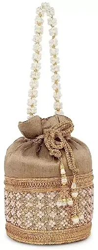 SWASTIKA Raw Silk Golden Stone Work Wedding Traditional Indian Wristlet Embroidered Potli Handbag for Women-thumb1