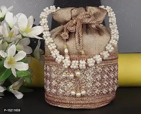 SWASTIKA Raw Silk Golden Stone Work Wedding Traditional Indian Wristlet Embroidered Potli Handbag for Women-thumb3
