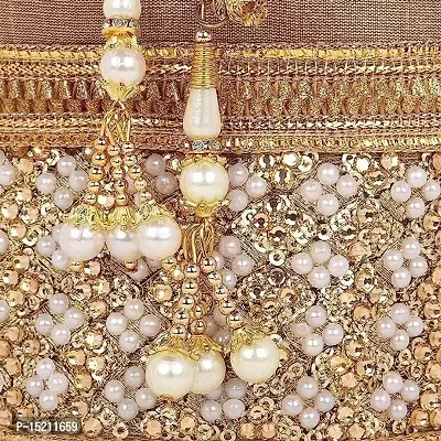 SWASTIKA Raw Silk Golden Stone Work Wedding Traditional Indian Wristlet Embroidered Potli Handbag for Women-thumb4