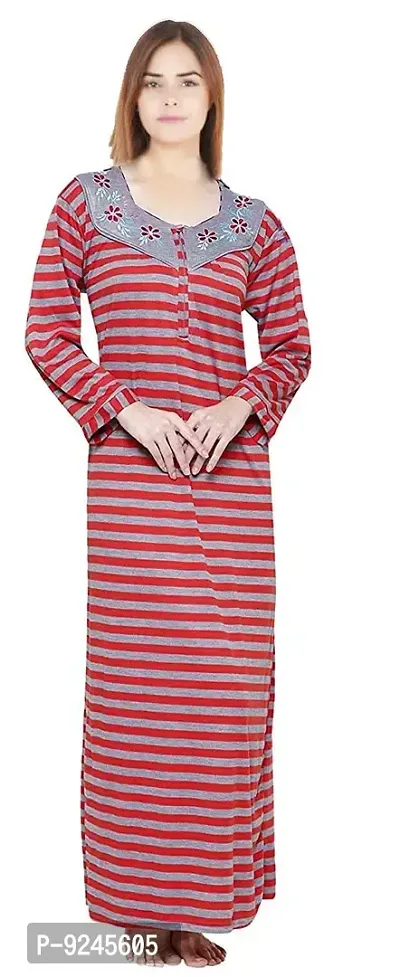 Onekbhalo Women's Woolen Full Sleeve Winter Nighty Maxi Night Gown (Kashmiri_Size_40) (Large, Red)-thumb0