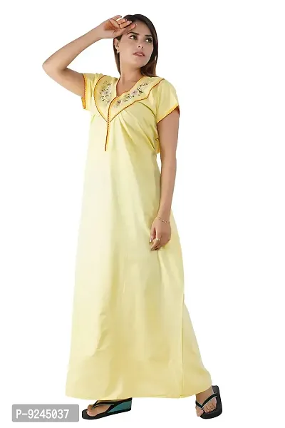 Women's Pure Cotton Regular Nighty with Pocket - Free Size (Free Size, Yellow)-thumb3