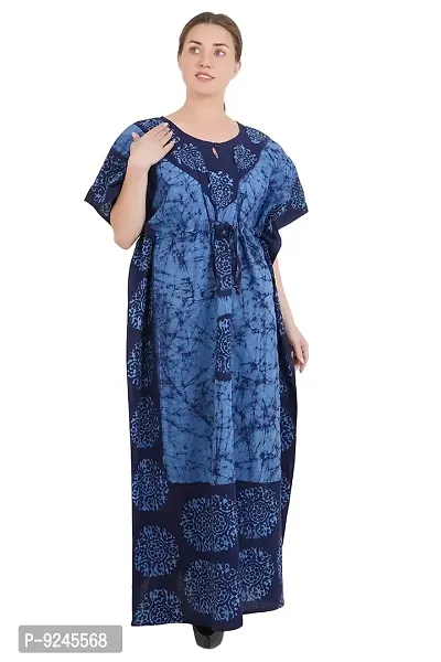 Onekbhalo Women's Cotton Floral Kaftan Nighty Maxi Gown (OK_Free Size) (Free Size, L-Blue)