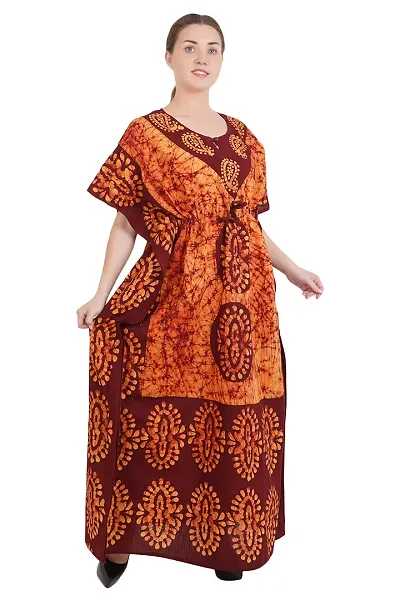 Onekbhalo Women's Embroidered Floor Length Nighty (Batik_Yellow_Free Size)