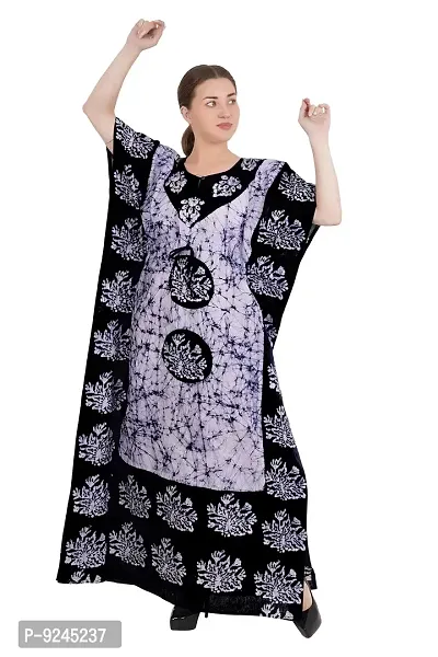 Women's Cotton Kaftan Maxi Nightgown Nighty Nightdress Nightwear - Cotton-Batik Print (Free Size, Cement)-thumb2