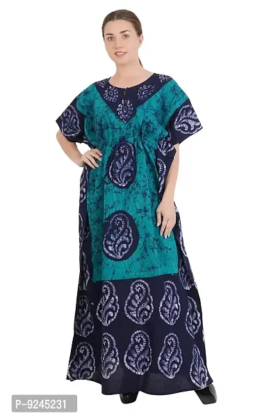 Women's Cotton Kaftan Maxi Nightgown Nighty Nightdress Nightwear - Cotton-Batik Print (Free Size, Green)