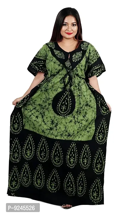 Onekbhalo Women Cotton Nighty Maxi Gown_Multicolor_Size-40 Batik Print (Free Size, Green)