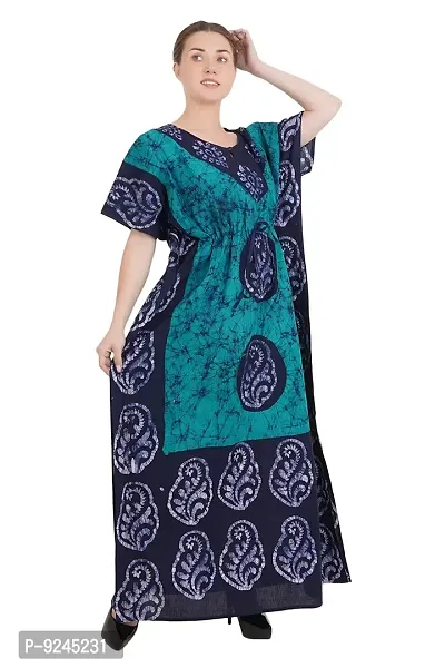 Women's Cotton Kaftan Maxi Nightgown Nighty Nightdress Nightwear - Cotton-Batik Print (Free Size, Green)-thumb2