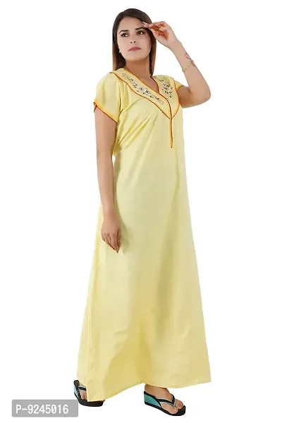 Women's Cotton Solid Maxi Nighty (Free Size, Yellow)-thumb2