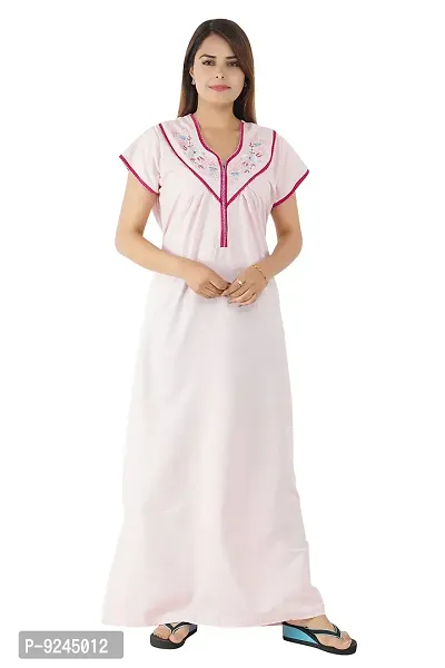 Women's Cotton Solid Maxi Nighty (Free Size, Pink)