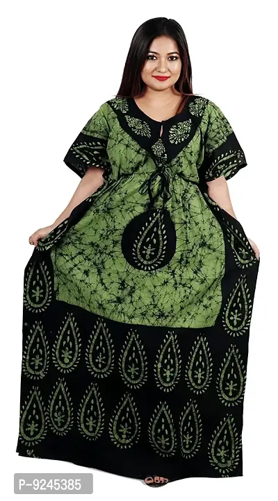 Onekbhalo Women's Cotton Printed Maxi Nighty Kaftan Free Size (Green, Cotton)