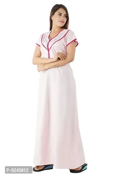 Women's Cotton Solid Maxi Nighty (Free Size, Pink)-thumb3