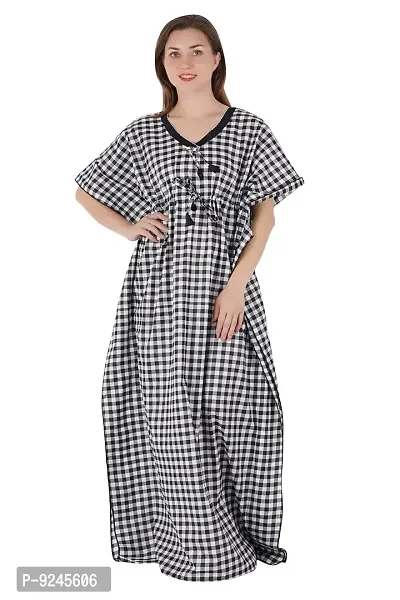Onekbhalo Women's Cotton Checkered Maxi Nighty Kaftan Free Size-thumb2