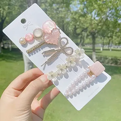 SYGA Women and girls Contrast Color Metal Pearl Hair Clip Set Side Bear Clip Korean Version Bangs Clip Ins Hair Accessories fairy clip (HairClips-PinkLove-5PcsSet)