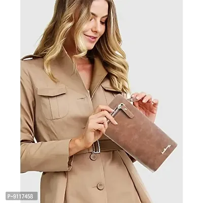 Syga PU Leather Plain Zipper Wallet for Women, Brown-thumb3