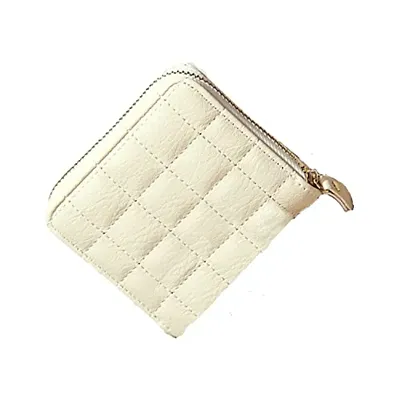 Syga PU Leather Mini Zipper Wallet for Women, White - Checked Pattern