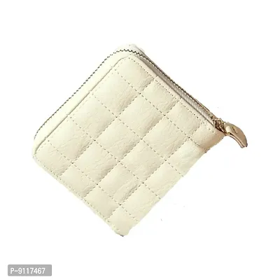 Syga PU Leather Mini Zipper Wallet for Women, White - Checked Pattern-thumb0