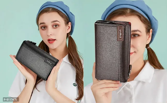 Syga PU Leather Hand Grip Zipper Wallet for Women, Black-thumb5